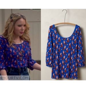 ANTHROPOLOGIE Forest Fete Novelty Fox Print 3/4 Sleeve Top Blue M As Seen On TV
